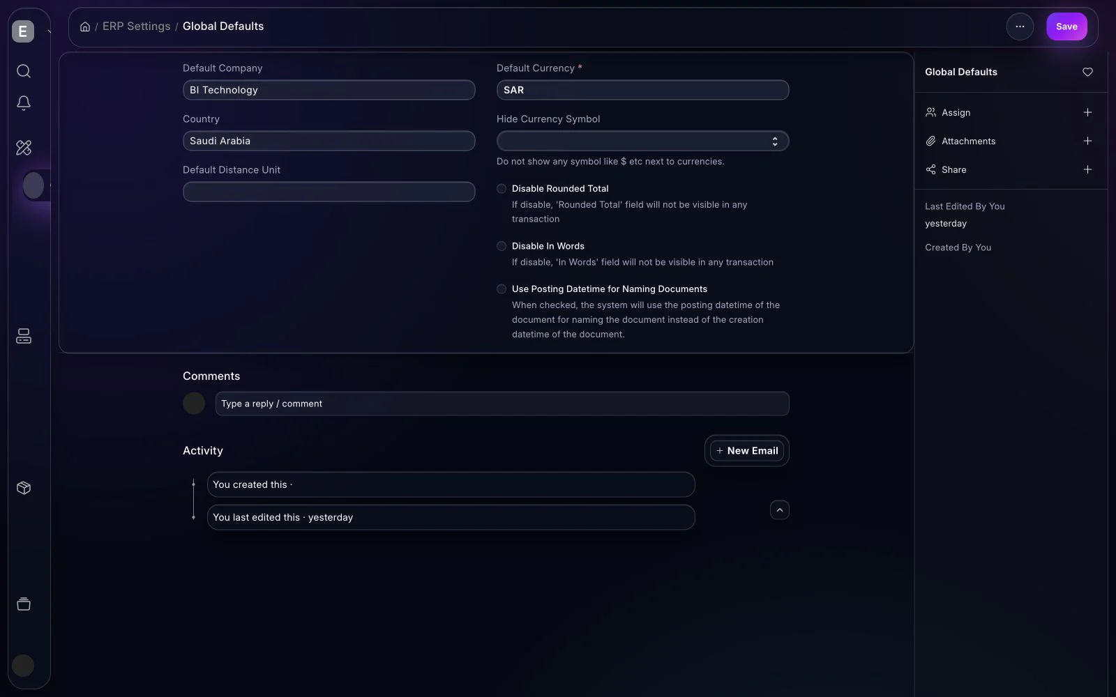 BITEX ERP Settings workspace in the dark interface