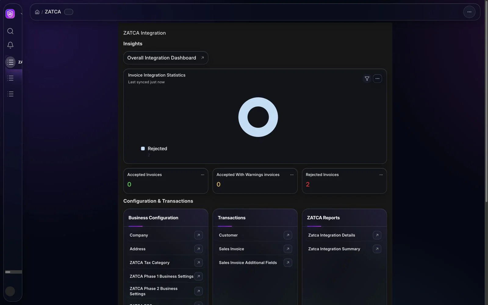 BITEX ZATCA workspace in the dark interface